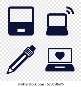 Notebook icons set. set of 4 notebook filled icons such as laptop with heart, laptop