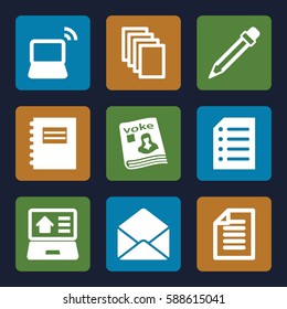 notebook icons set. Set of 9 notebook filled icons such as paper, magazine, laptop, envelope, pencil, real estate on laptop