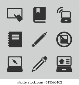 Notebook icons set. set of 9 notebook filled icons such as no laptop, pen, finger on tablet, laptop, pencil, book