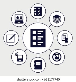 Notebook icons set. set of 9 notebook filled icons such as no laptop, pointing on document, checklist, paper and pen, paper, real estate on laptop, laptop signal