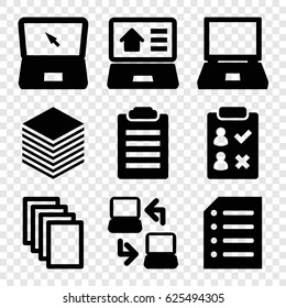 Notebook icons set. set of 9 notebook filled icons such as paper, laptop, real estate on laptop, laptop connection