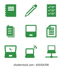 Notebook icons set. set of 9 notebook filled icons such as paper, laptop, pencil, checklist