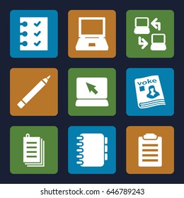 Notebook icons set. set of 9 notebook filled icons such as pen, paper, magazine, checklist, notebook, laptop connection, laptop