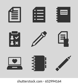 Notebook icons set. set of 9 notebook filled icons such as pen, pointing on document, laptop with heart, pencil, paper, notebook, notepad
