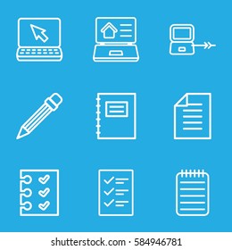 notebook icons set. Set of 9 notebook outline icons such as laptop connection, notebook, checklist, pencil, paper, real estate on laptop, laptop