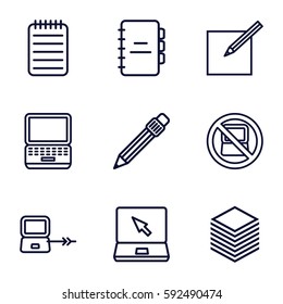 notebook icons set. Set of 9 notebook outline icons such as no laptop, laptop connection, laptop, notebook, pen, paper and pen