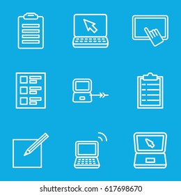 Notebook icons set. set of 9 notebook outline icons such as laptop connection, finger on tablet, laptop, checklist, paper and pen