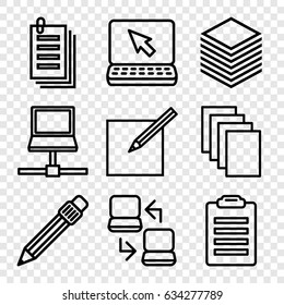Notebook icons set. set of 9 notebook outline icons such as paper, pen, paper and pen, laptop connection, laptop
