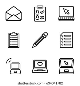 Notebook icons set. set of 9 notebook outline icons such as laptop with heart, envelope, laptop, pencil, paper, laptop signal, check list