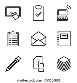 Notebook icons set. set of 9 notebook outline icons such as finger on tablet, pointing on document, laptop, envelope, pencil, paper, notepad