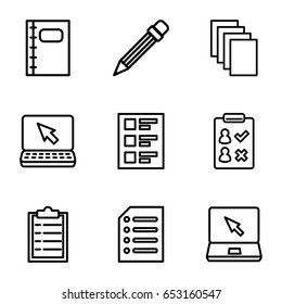 Notebook icons set. set of 9 notebook outline icons such as paper, laptop, notebook, checklist, pencil