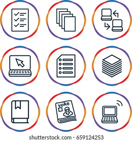 Notebook icons set. set of 9 notebook outline icons such as paper, magazine, laptop, book, checklist
