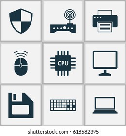 Notebook Icons Set. Collection Of Computer Mouse, Defense, Motherboard And Other Elements. Also Includes Symbols Such As Desktop, Motherboard, Cpu.