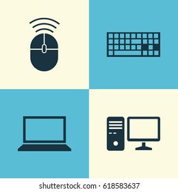 Notebook Icons Set. Collection Of Computer Mouse, Keypad, Laptop And Other Elements. Also Includes Symbols Such As Computer, PC, Control.