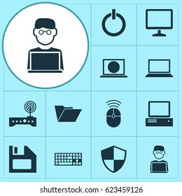 Notebook Icons Set. Collection Of Computer Mouse, Dossier, Laptop And Other Elements. Also Includes Symbols Such As Man, Folder, Diskette.