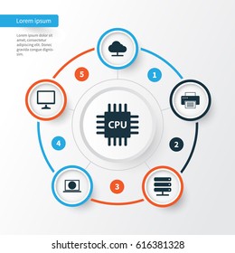 Notebook Icons Set. Collection Of Database, Web, Motherboard And Other Elements. Also Includes Symbols Such As Server, Web, Microprocessor.