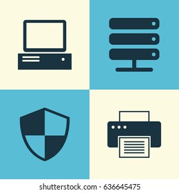 Notebook Icons Set. Collection Of Database, Monitor, Printing Machine And Other Elements. Also Includes Symbols Such As Storage, Defense, Printer.