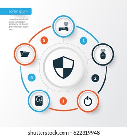 Notebook Icons Set. Collection Of Defense, Dossier, Computer Mouse And Other Elements. Also Includes Symbols Such As Dossier, Power, Button.