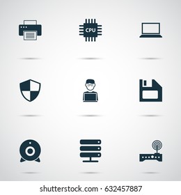 Notebook Icons Set. Collection Of Defense, Broadcast, Diskette And Other Elements. Also Includes Symbols Such As Database, Modem, Router.