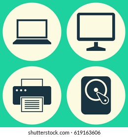 Notebook Icons Set. Collection Of Desktop, Printing Machine, Laptop And Other Elements. Also Includes Symbols Such As Laptop, Computer, Monitor.
