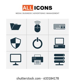 Notebook Icons Set. Collection Of Desktop, Dossier, Printing Machine And Other Elements. Also Includes Symbols Such As Folder, Shield, Start.