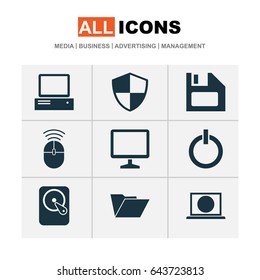 Notebook Icons Set. Collection Of Diskette, Power On, Desktop And Other Elements. Also Includes Symbols Such As Desktop, Button, Web.