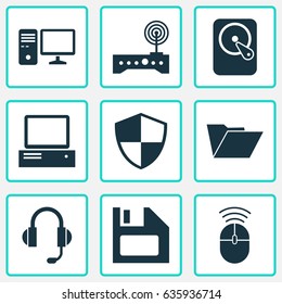 Notebook Icons Set. Collection Of Earphone, Dossier, Router And Other Elements. Also Includes Symbols Such As Personal, Mouse, Floppy.