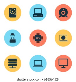 Notebook Icons Set. Collection Of Hdd, Database, Motherboard And Other Elements. Also Includes Symbols Such As Camera, Monitor, Web.