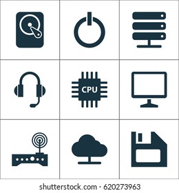 Notebook Icons Set. Collection Of Hdd, Earphone, Database And Other Elements. Also Includes Symbols Such As Start, Disk, Cloud.