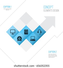 Notebook Icons Set. Collection Of Hdd, Earphone, Monitor And Other Elements. Also Includes Symbols Such As Headphone, Computer, Broadcast.