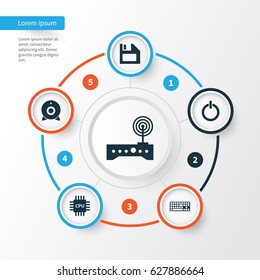 Notebook Icons Set. Collection Of Keypad, Broadcast, Power On And Other Elements. Also Includes Symbols Such As Web, Motherboard, Modem.