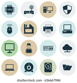 Notebook Icons Set. Collection Of Keypad, Laptop, Computer Mouse And Other Elements. Also Includes Symbols Such As Cloud, Laptop, Camera.