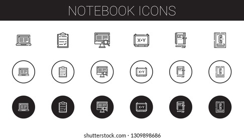 notebook icons set. Collection of notebook with laptop, clipboard, computer, board, phone book. Editable and scalable notebook icons.