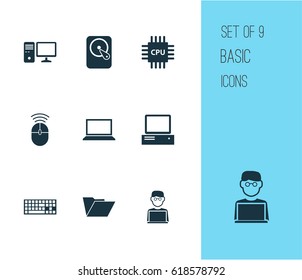 Notebook Icons Set. Collection Of Laptop, Monitor, Dossier And Other Elements. Also Includes Symbols Such As Microprocessor, Dossier, Disk.