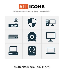 Notebook Icons Set. Collection Of Laptop, Router, Keypad And Other Elements. Also Includes Symbols Such As Monitor, Computer, Hdd.