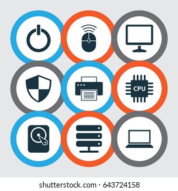 Notebook Icons Set. Collection Of Laptop, Defense, Printing Machine And Other Elements. Also Includes Symbols Such As Printer, Desktop, Protection.
