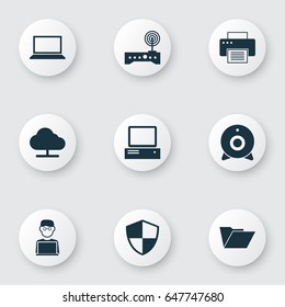 Notebook Icons Set. Collection Of Laptop, Printing Machine, Defense And Other Elements. Also Includes Symbols Such As Router, Laptop, Screen.