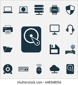 Notebook Icons Set. Collection Of Laptop, Printing Machine, Diskette And Other Elements. Also Includes Symbols Such As Printer, Monitor, Computer.