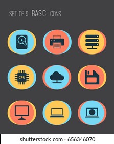 Notebook Icons Set. Collection Of Laptop, Motherboard, Database And Other Elements. Also Includes Symbols Such As Internet, Cloud, Diskette.