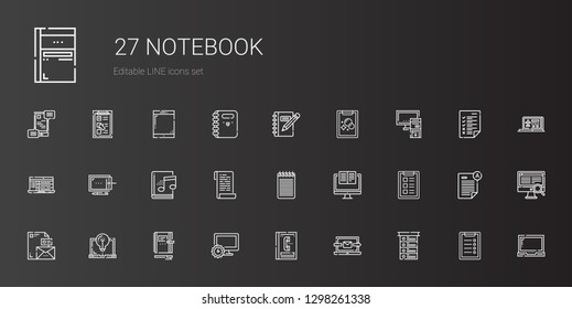 notebook icons set. Collection of notebook with list, laptop, phone book, computer, stationary, task, notepad, paper, audiobook, graphic tablet. Editable and scalable notebook icons.