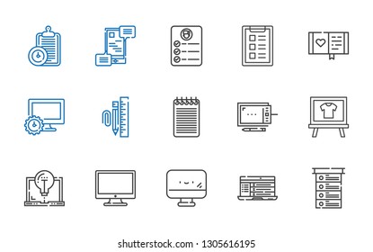 notebook icons set. Collection of notebook with list, laptop, screen, computer, board, graphic tablet, notepad, stationary, diary, task. Editable and scalable notebook icons.