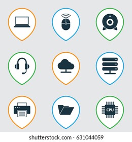 Notebook Icons Set. Collection Of Motherboard, Dossier, Broadcast And Other Elements. Also Includes Symbols Such As Motherboard, Earphone, Control.