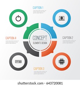Notebook Icons Set. Collection Of Motherboard, Keypad, Power On And Other Elements. Also Includes Symbols Such As Button, Keypad, Cpu.