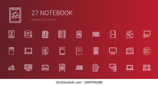 notebook icons set. Collection of notebook with pc, clipboard, laptop, board, computer, school, notepad, tasks, list, graphic tablet, checklist. Editable and scalable notebook icons.
