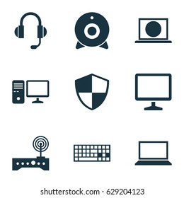 Notebook Icons Set. Collection Of Personal Computer, Defense, Laptop And Other Elements. Also Includes Symbols Such As Broadcast, Keyboard, Router.