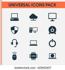 Notebook Icons Set. Collection Of Power On, Broadcast, Monitor And Other Elements. Also Includes Symbols Such As Motherboard, Notebook, Shield.