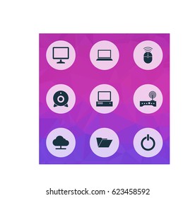 Notebook Icons Set. Collection Of Power On, Desktop, Computer Mouse And Other Elements. Also Includes Symbols Such As Web, Camera, Control.