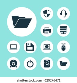 Notebook Icons Set. Collection Of Printing Machine, Database, Power On And Other Elements. Also Includes Symbols Such As Diskette, Shield, File.