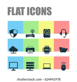 Notebook Icons Set. Collection Of Printing Machine, Computer Mouse, Desktop And Other Elements. Also Includes Symbols Such As Shield, Microphone, Wifi.