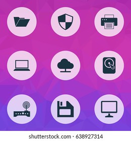 Notebook Icons Set. Collection Of Printing Machine, Diskette, Tree And Other Elements. Also Includes Symbols Such As Diskette, Screen, Printer.